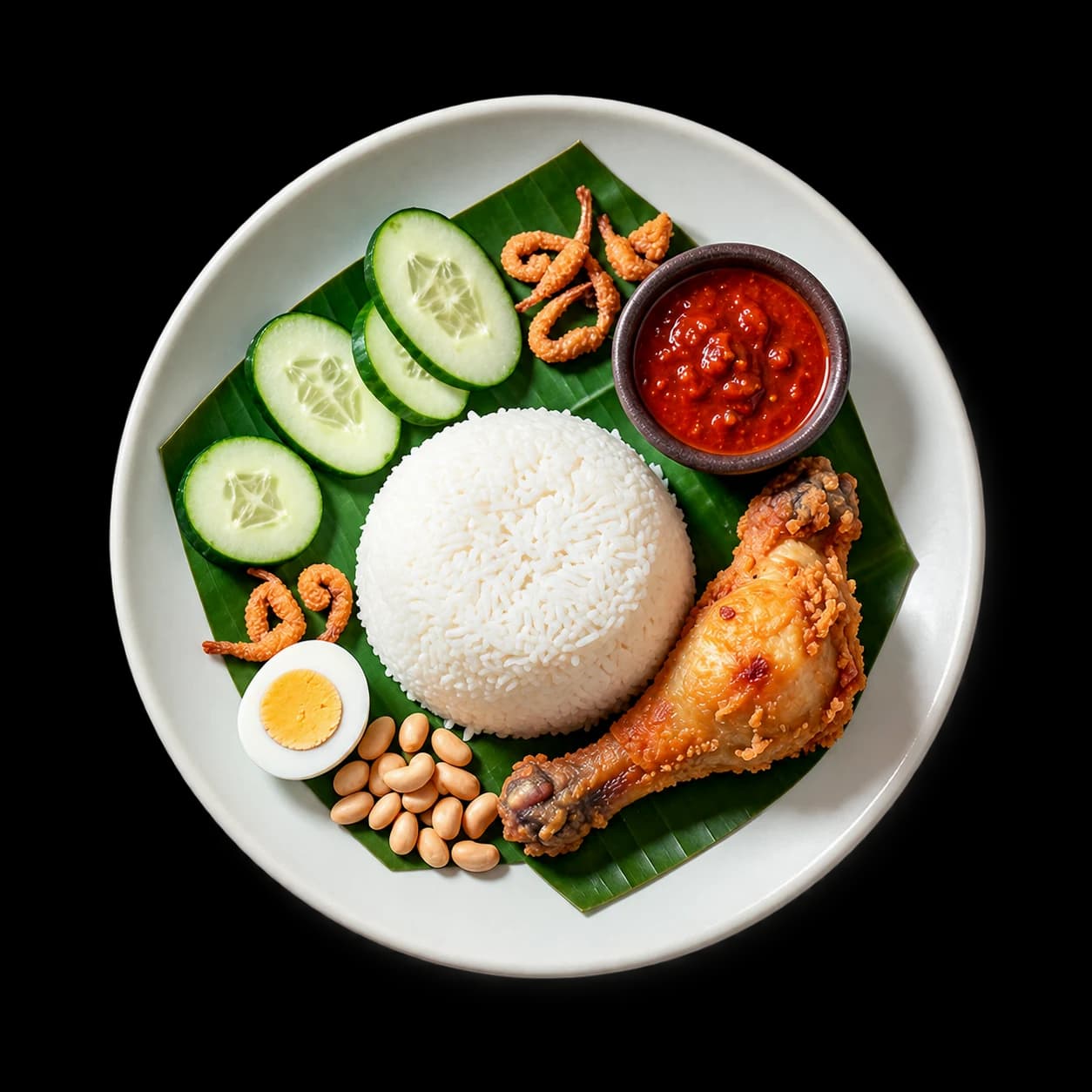 Illustration of nasi lemak with chicken, sambal, egg and cucumber on a ceramic plate
